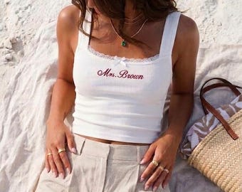 Custom Embroidered New Mrs Lace Tank Top, Personalized Bridal Modal Shirt, Bridal Shower Gift, Bachelorette Party Outfit