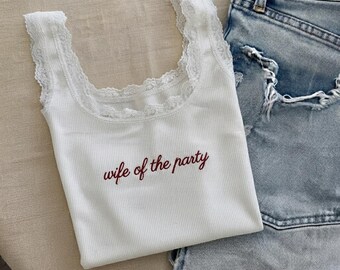 Custom Embroidered New Mrs Lace Tank Top, Personalized Bridal Modal Cami, Engagement Gift, Wedding Morning Outfit