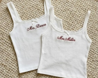 Custom Embroidered New Bride Lace Tank Top, Personalized Bridal Modal Shirt, Bridal Shower Gift, Bachelorette Party Outfit