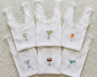 Personalized Cocktail Lace Tank Top, Embroidered Drink Icons Cami, Bride Martini Tank, Bachelorette Gift