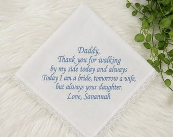 Custom Embroidered Handwriting Wedding Handkerchief, Personalized Lace Hanky, Bride to Dad & Mother of the Bride Gift