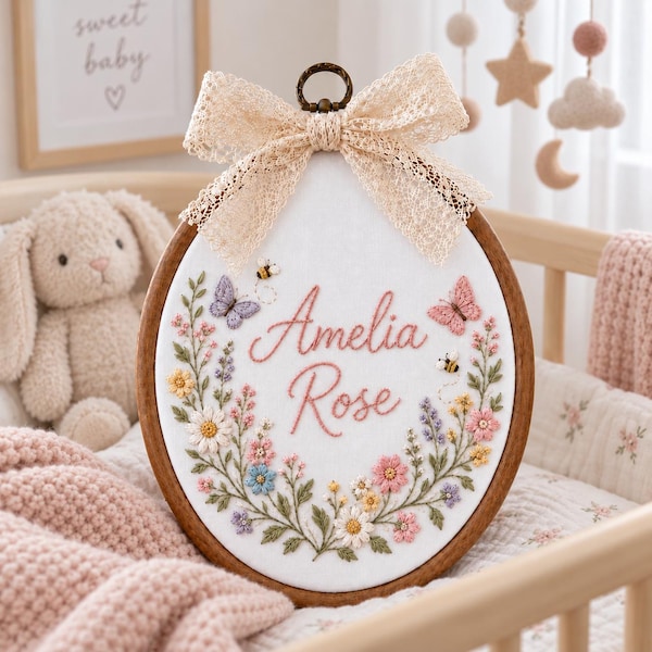Personalized Wildflower Baby Hoop, Custom Embroidered Floral Nursery Wall Art, Baby Girl Birth Announcement Gift