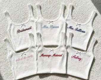 Custom Embroidered New Mrs Lace Tank Top, Personalized Bridal Modal Shirt, Bridal Shower Gift, Bachelorette Party Outfit
