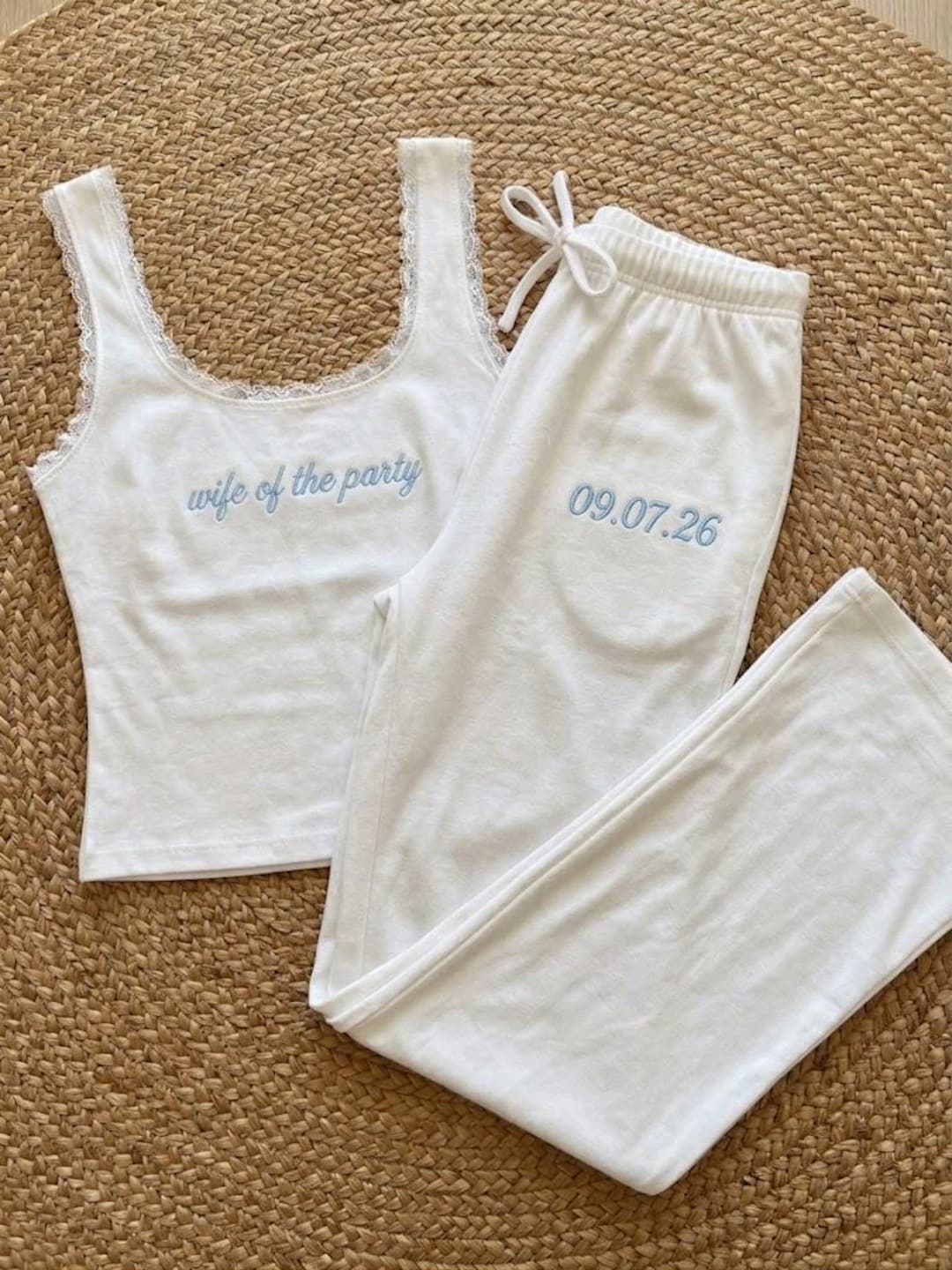 Custom Bride Tank Top and Wide Leg Sweatpants Set, Custom Embroidered Bridal Outfit, Bachelorette Lounge Set - Tank & Joggers Set, S