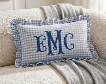 Personalized Gingham Ruffled Pillow, Custom Embroidered Name Monogram Cushion, Nursery Room Decor