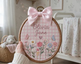 Custom Embroidered Floral Baby Name Hoop, Personalized Oval Nursery Sign, Wildflower Baby Room Decor Gift