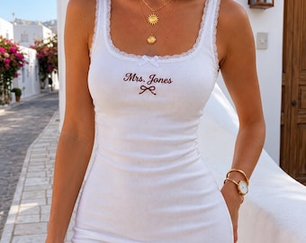 Personalized Embroidered Lace Trim Mini Dress, Bridal Slip Dress, Wedding Morning Outfit, Hen Party Gift for Bride