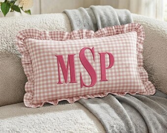 Personalized Gingham Ruffled Pillow Cover, Custom Embroidered Name Monogram Cushion, Nursery Room Decor