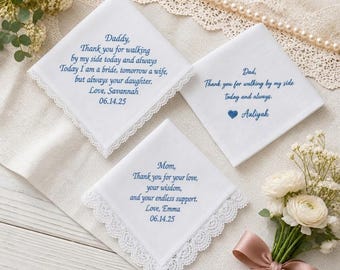 Custom Embroidered Bride Wedding Handkerchief, Personalized Lace Hanky, Bride to Dad & Mother of the Bride Gift