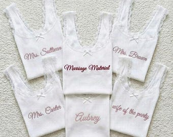 Custom Embroidered New Bride Lace Tank Top, Personalized Bridal Modal Shirt, Bridal Shower Gift, Bachelorette Party Outfit