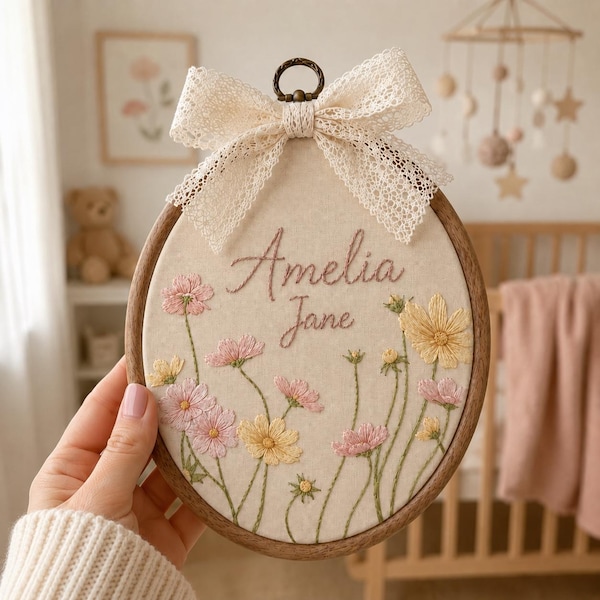 Personalized Pink Wildflower Baby Name Hoop, Custom Embroidered Floral Nursery Wall Art, Baby Girl Birth Announcement Sign, Baby Shower Gift