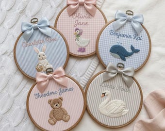 Custom Embroidered Teddy Bear Goose Baby Name Hoop, Personalized Nursery Decor, Baby Name Keepsake, Newborn Gift