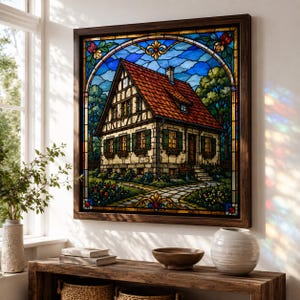 May include: A framed stained glass artwork depicting a quaint house with a red tile roof, green shutters, and a stone facade. The artwork is set against a blue sky and surrounded by colorful floral and foliage details. The frame is a dark brown color.