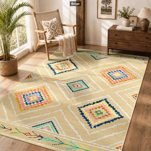 May include: A rectangular area rug featuring a beige background with a repeating pattern of large diamonds outlined in white. Each diamond contains a smaller, multi-coloured geometric square design in shades of pink, blue, yellow, and green.