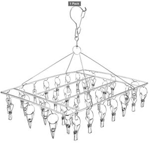 May include: A rectangular stainless steel laundry drying rack featuring a central hanging hook and multiple wire support arms. The frame is equipped with numerous metal clips suspended from circular rings, designed for hanging small items.