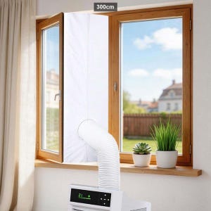 May include: A white fabric window seal kit for portable air conditioners, measuring 300cm in length. The seal is installed on a wooden window frame, featuring a central opening for a flexible white exhaust hose connected to an air conditioner unit.