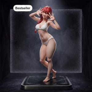 May include: A collectible anime-style figurine of a character with long red hair in a braid, wearing a white two-piece bikini. The figure stands on a black marble-patterned square base with a small tag labeled Bestseller in the upper corner.