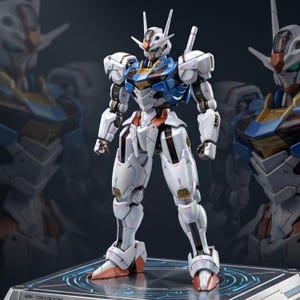 Può includere: Un action figure robotica bianca, blu e dorata in piedi su una base quadrata con motivi circolari blu luminosi. Il personaggio presenta un design meccanico dettagliato con arti articolati, una cresta appuntita e una piastra pettorale con accenti blu.