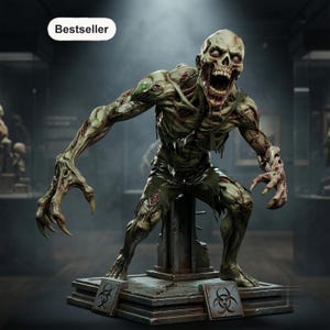 May include: A detailed zombie figurine with pale green skin, exposed muscle tissue, and a wide-open mouth, standing on a square base featuring biohazard symbols. The figure is posed in a crouched, aggressive stance with clawed hands and tattered clothing.
