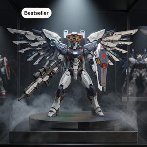 May include: A detailed robot action figure with large white and dark blue wings, holding a rifle in one hand and a shield in the other. The figure features a unique head design with three circular lenses and is displayed on a circular base.