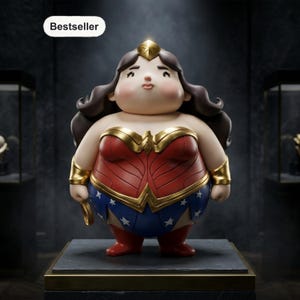 May include: A stylized figurine of a superhero character with long dark hair, wearing a red bodice with gold trim, a blue skirt with white stars, and red boots. The figure has a gold tiara and wrist cuffs, and holds a gold lasso. Text reads Bestseller.