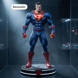 Op de afbeelding: Een Superman-figuur op een ronde voet met een rood S-logo. Het personage draagt een blauw pak met een rood embleem op de borst, rode polsbanden en rode laarzen. Een wit label met de tekst Bestseller is zichtbaar in de linkerbovenhoek.