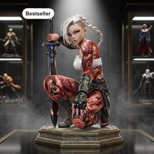 Cyberpunk Yakuza Warrior 3D Model: Tattooed Fighter Statue (STL, OBJ, GLB)