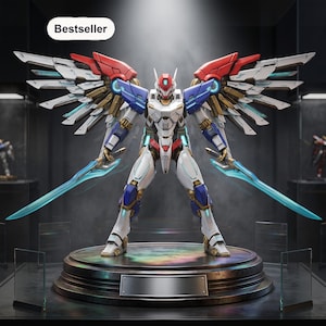 May include: A robotic action figure with white, blue, and red armor, featuring large mechanical wings and two translucent blue swords. The figure stands on a circular base with a blank metal plaque, and a Bestseller label is visible above.