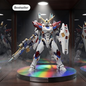Puede incluir: Una figura de acción de robot blanca, roja y azul con una antena en forma de V amarilla, que sostiene un rifle largo en la mano derecha y un escudo en la izquierda. La figura se apoya sobre una base circular iridiscente con la etiqueta Bestseller.