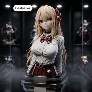 May include: A bust figure of an anime-style character with long blonde hair, a red hair bow, and red eyes. The character wears a white button-down shirt, a red bow tie with a heart charm, and a red pleated skirt with a heart-shaped belt buckle.