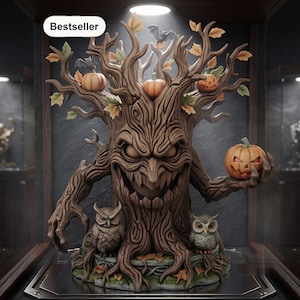 Op de afbeelding: Een bruin, antropomorf boombeeld met een dreigend gezicht, gloeiende ogen en een brede, tandige grijns. De boom heeft takken versierd met oranje pompoenen, kleine vleermuizen en herfstbladeren, met twee uilen aan de voet. De tekst luidt Bestseller.