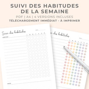 Peut inclure: Un modèle de suivi des habitudes imprimable avec le texte SUIVI DES HABITUDES DE LA SEMAINE, PDF, A4, 4 VERSIONS INCLUSES, TÉLÉCHARGEMENT IMMÉDIAT - À IMPRIMER. Les feuilles incluent des colonnes pour les habitudes et une grille de cercles.