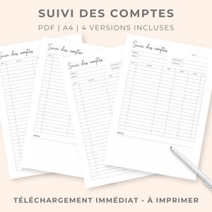 Peut inclure: Quatre feuilles de papier A4 blanches présentant un modèle de suivi de comptes avec le texte Suivi des comptes. Chaque feuille comprend des colonnes pour la date, l'intitulé, le débit, le crédit et le solde, avec une section notes et un stylo argenté.