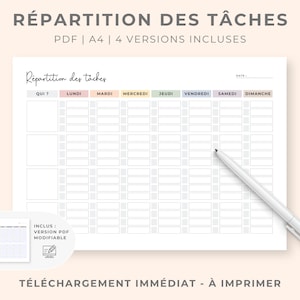 May include: A chore chart template titled Répartition des tâches with columns for days of the week from Lundi to Dimanche. The grid features rows for tasks, checkboxes, and a date line. A white pen rests on the paper, which is labeled as a PDF A4 format.