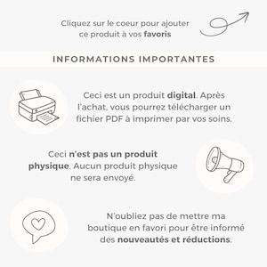 K&ouml;nnte beinhalten: Informative Grafik mit franz&ouml;sischem Text. Enth&auml;lt ein Druckersymbol, ein Megaphon-Symbol und eine herzf&ouml;rmige Sprechblase. Der Text besagt, dass das Produkt digital ist und als PDF zum Drucken vorliegt.