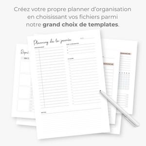 K&ouml;nnte beinhalten: Ein Stapel wei&szlig;er Planerseiten mit dem Text "Planning de la journ&eacute;e" und "Top 3 Priorities". Ein silberner Stift liegt auf den Seiten. Der Text "Cr&eacute;ez votre propre planner d'organisation" steht oben.