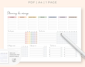Ausdruckbarer Haushaltsplaner, Aufgabenkalender, zur Organisation Ihrer Reinigungs- und Hausinstandhaltungsroutine, bearbeitbarer französischer PDF-Planer