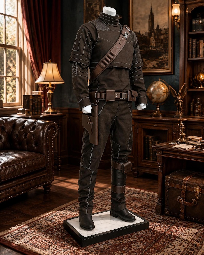 May include: A dark brown long-sleeved shirt and matching trousers featuring white contrast stitching. The outfit includes a brown leather shoulder strap with ammunition loops, a utility belt with a holster, and tall black boots with brown straps.