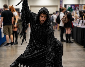 Sparkly Ghostface Black Robe Set | Scream Movie Inspired Glittering Horror Slasher Cosplay Outfit