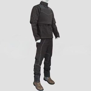 May include: A black long-sleeved shirt with a high collar and a structured chest overlay, paired with matching black trousers. The entire outfit features prominent white contrast stitching along the seams, sleeves, and legs, worn with brown boots.