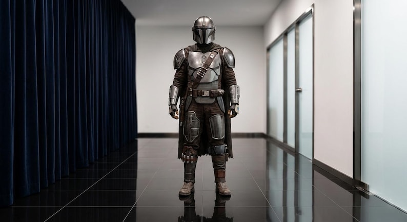 May include: A full-body suit of silver-toned metallic armour featuring a T-shaped visor helmet, shoulder pauldrons, gauntlets, and greaves over a dark brown textured fabric base. A brown leather bandolier crosses the chest, and a dark cape hangs behind.