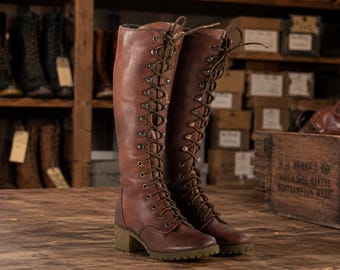 Women's Tall Brown Leather Lace-Up Boots | Vintage Riding & Gothic Fashion Boots