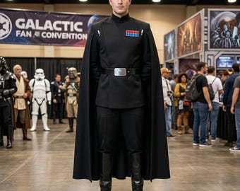 May include: A black military-style uniform featuring a high-collared tunic, a matching floor-length cape, and straight-leg trousers. The ensemble includes a black belt with a silver buckle, two silver shoulder pins, and a rectangular chest badge.