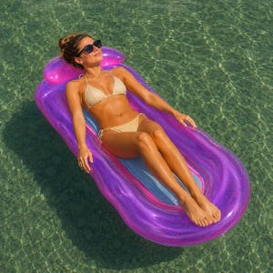 May include: A translucent, inflatable pool float in a vibrant purple hue with a built-in headrest. The float features a smooth, rounded rectangular shape with a blue center panel, designed for lounging on the water surface during sunny days.