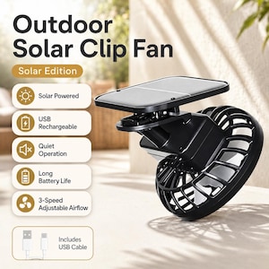 Solar Clip On Fan, USB wiederaufladbarer tragbarer Minifan, 3-Gang-Outdoor-Camping-Lüfter für Rucksack-Kinderwagen-Terrassenreisen