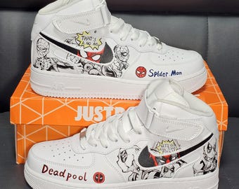 Individuell handbemalte Spider-Man Deadpool Mid Air Force 1, Marvel Superhelden Split Design Mid Top AF1 Sneakers, personalisiert