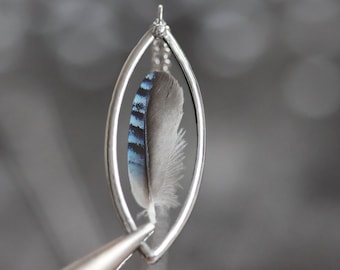 small Blue jay feather necklace. tiny leaf shaped glass pendant. terrarium nature jewelry. woodland necklace. bird lover christmas gift