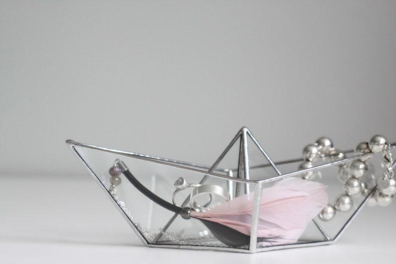Paper boat jewelry dish. mothers day jewelry gift / holder. stained glass ring holder. anniversary gift for wife Silver