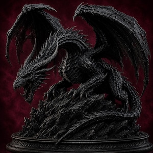 May include: A black dragon figurine with detailed scales, large wings, and sharp claws, perched atop a jagged rock formation. The creature has an open mouth revealing teeth, and it is mounted on a circular base with a dark, textured surface.