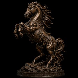 May include: A bronze-toned sculpture of a rearing horse standing on a rocky base. The horse features detailed musculature, a flowing mane and tail, and is adorned with an ornate saddle and bridle decorated with small hanging tassels.